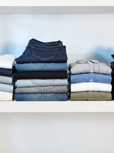 Bright commercial product photography of neatly folded stacks of denim jeans and cotton shirts on a clean white shelf, soft blue shadows, 50mm lens