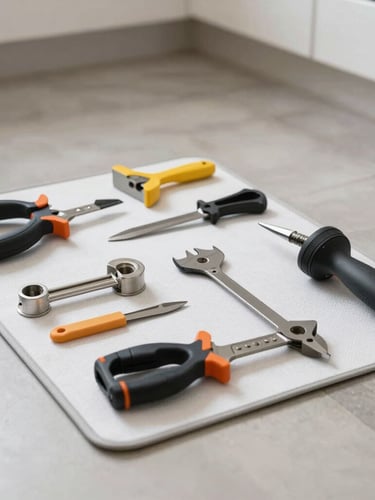 Professional tools neatly arranged on a protective work mat on a clean kitchen floor, close-up, natural domestic light, sharp focus