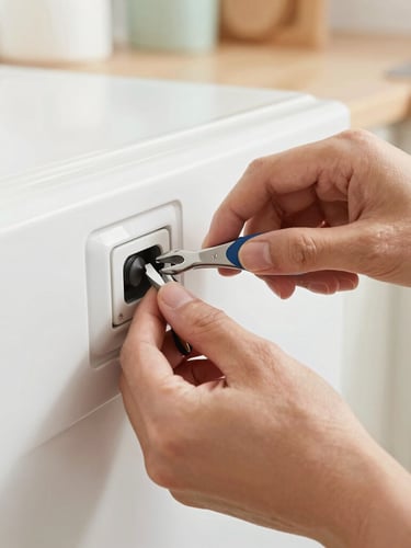 Close-up of clean hands repairing an appliance control panel with tools, bright natural home lighting, realistic domestic kitchen, sharp focus