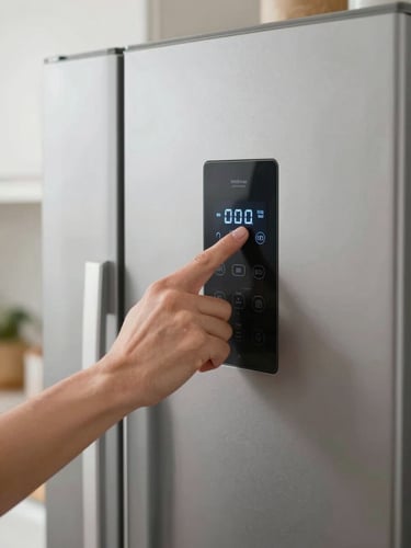 Close-up of clean hands replacing a digital control panel on a modern stainless steel refrigerator, bright natural kitchen lighting, sharp focus