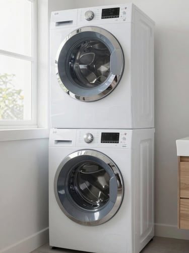 A clean modern domestic laundry room with a washing machine and dryer side by side, bright natural window light, realistic home interior