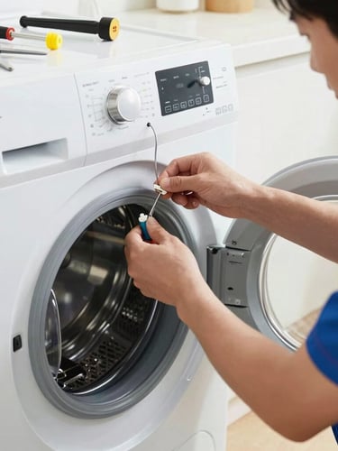 Professional technician hands repairing a clean modern washing machine control panel with tools nearby, bright home lighting, realistic domestic laundry room