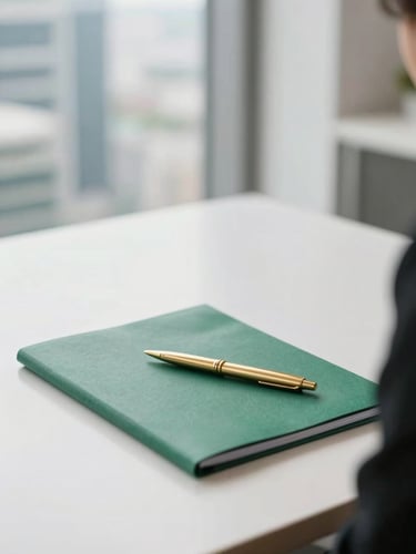 A professional corporate office setting in Kuala Lumpur, bright natural daylight, clean minimalist desk with a gold pen and document folder, shallow depth of field