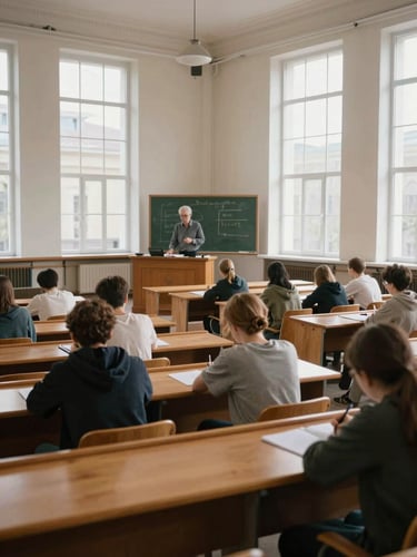 Interior of a large university lecture hall in Moscow, rows of wooden desks receding toward a professor at a blackboard, natural daylight entering from tall side windows, students taking notes, documentary framing from the back of the room at mid-height