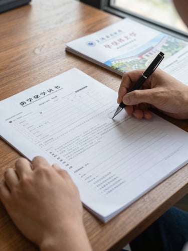 Close-up of a pair of hands reviewing a printed scholarship application form on a wooden desk, a Chinese university brochure visible at the edge, natural daylight from a nearby window, documentary realism, no staged styling