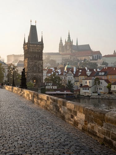 Wide environmental shot looking across the Charles Bridge toward Prague Castle at early morning, mist rising from the Vltava River, soft golden light grazing the stone towers from the left, foreground cobblestones visible, no people, documentary stillness