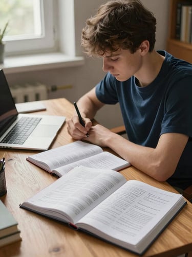 Medium shot of a student at a wooden desk studying Czech language materials, handwritten notes visible, a bilingual dictionary open beside a laptop, warm north-facing window light, focused and calm atmosphere