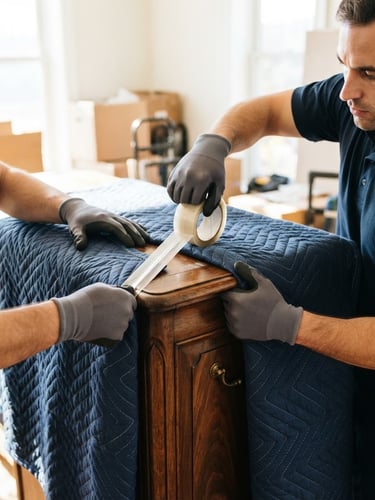 Close-up of professional movers carefully wrapping a wooden cabinet with heavy-duty protective padding and tape, bright daylight, high contrast