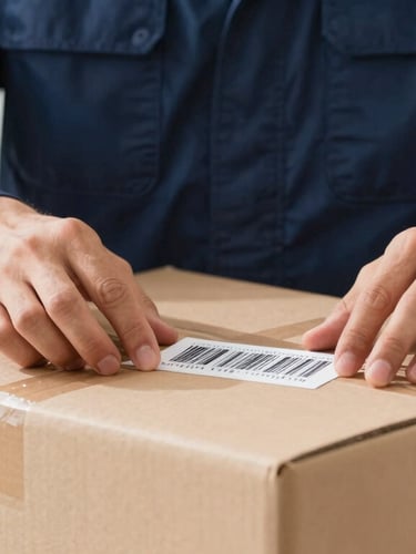Straight-on close-up of a professional mover in a clean navy uniform placing a barcode sticker on a neatly taped cardboard box, bright natural daylight, sharp focus.