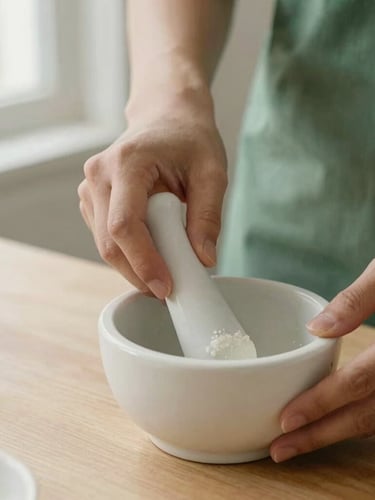 Close-up of hands carefully blending ingredients in a white ceramic mortar and pestle on a clean wooden table, soft window light, rich gentle green and cream tones.
