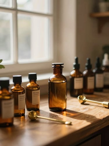 A warm apothecary counter with amber glass bottles, clean brass compounding tools, and soft morning window light, 35mm photography
