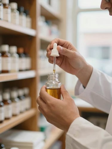 Close-up of a pharmacist in a warm-lit neighborhood apothecary, carefully preparing a custom compounding recipe, shallow depth of field, 35mm