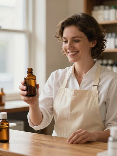A warm, natural light photograph of a smiling pharmacist in a clean cream apron behind a wooden apothecary counter, holding an amber glass bottle, 35mm editorial style, shallow depth of field.