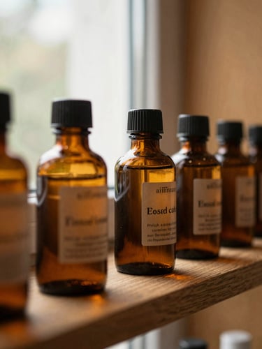 Warm editorial close-up of amber apothecary glass bottles on a wooden shelf under soft natural window light, 35mm