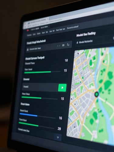 Macro close-up of a high-fidelity UI dashboard showing model citation rates, vector maps, and dark ambient background with sharp green glow