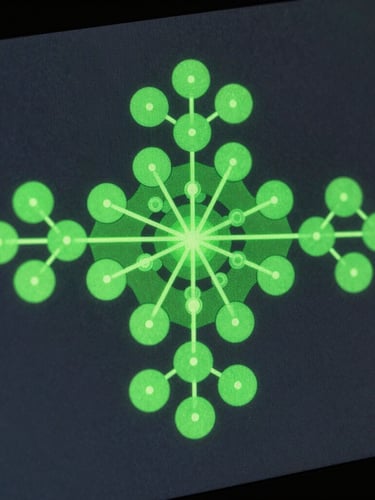 Macro close-up of a high-fidelity vector map showing node clusters and citation pathways on a dark charcoal terminal screen, illuminated by a sharp green glow.