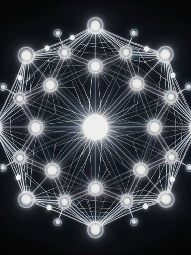Abstract vector map showing clustered nodes and citation pathways, high-contrast digital glow with dark ambient background, sharp focused light sources.