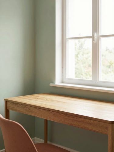 Bright airy single room with a modern wooden study desk, soft natural window light, terracotta and sage green pastel accents, warm editorial photography