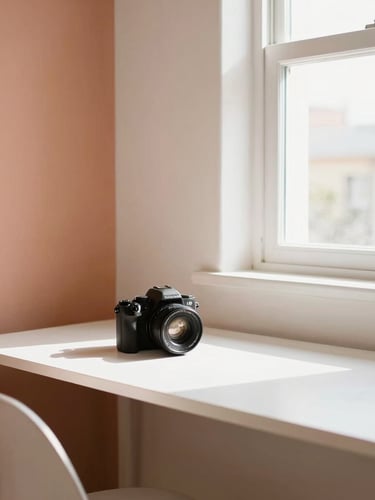 Bright and airy double-sharing room with warm terracotta accents, natural window light streaming across a clean study desk, 35mm lens