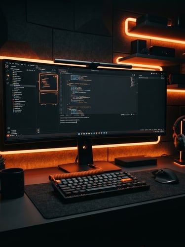 Sleek modern workspace setup, cinematic dark-mode tech photography, dramatic orange neon backlighting, high-contrast graphite tones, sharp focus, 35mm lens