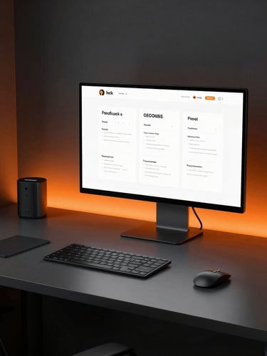 Sleek modern workspace with high-contrast graphite desk, orange accent lighting, clean responsive screen mockup, and custom branded stationery