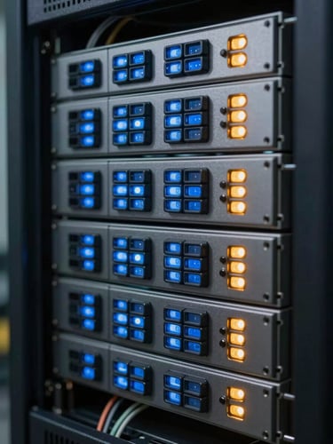 Macro shot of physical server rack infrastructure, clean blue and amber status lights, crisp industrial wiring, low-key ambient lighting.