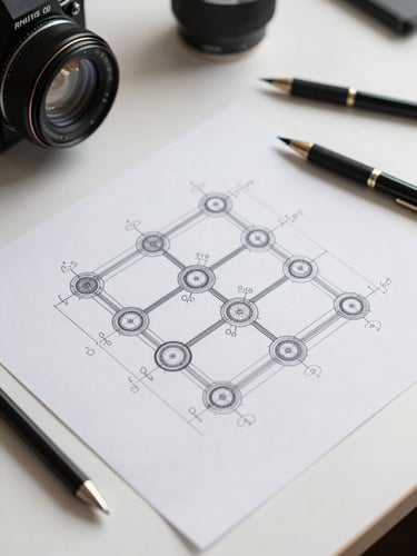 A crisp, high-contrast system architecture schematic on a clean white desk, technical drawing tools resting nearby, sharp daylight casting subtle shadows.