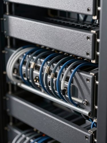 Tight macro shot of clean, structured server rack cabling, cool daylight casting sharp geometric shadows on slate gray metal, high technical precision.