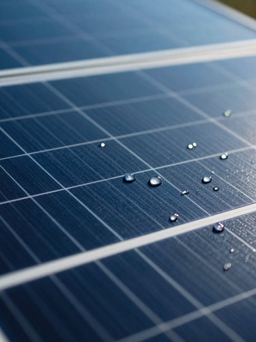 Extreme close-up of a solar panel treated with hydrophobic coating, water droplets sliding off perfectly under bright cool sunlight, deep shadows, 35mm