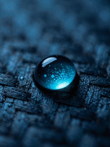 Extreme macro close-up of a water droplet suspended on a treated carbon fiber weave, high-contrast cool studio lighting, sharp highlights, electric cyan undertones, 35mm.