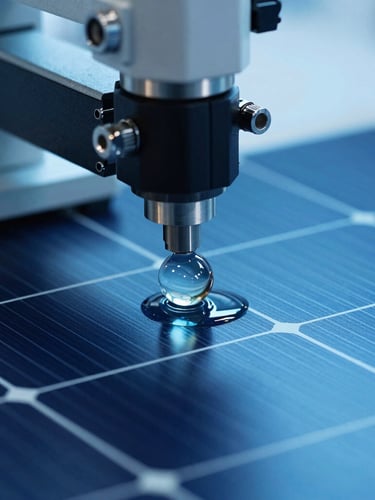 A clean-room laboratory environment with a high-precision goniometer measuring the contact angle of a perfect liquid sphere on a coated solar panel, cool-toned lighting, sharp focus.