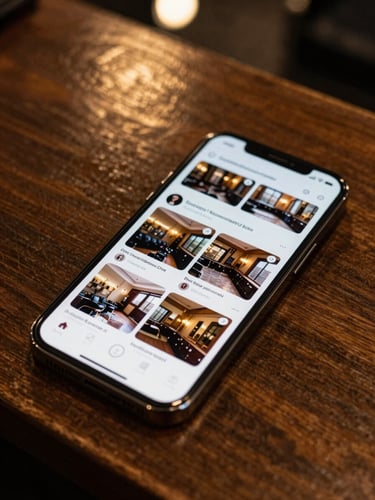 Close-up overhead of a smartphone resting on a dark wooden barbershop counter, screen showing an Instagram profile grid with consistent warm-toned barbershop interior posts and a booking link in bio, golden ambient light from shop overhead lamps, a few appointment booking notifications visible on the screen edge