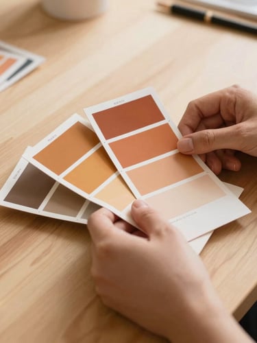 Close-up of hands arranging painted color swatches in terracotta and ochre tones on a light wooden table, natural daylight, 35mm