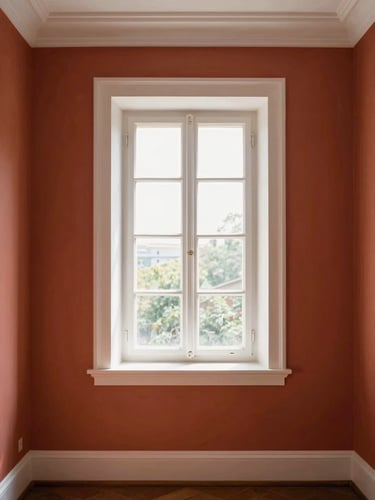 A beautifully painted room with warm terracotta walls, crisp white trim, natural sunlight streaming through a window, 35mm photography