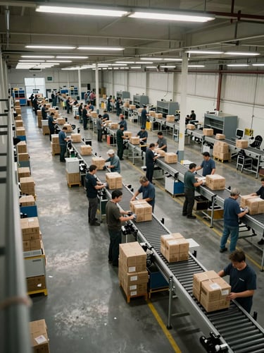 Wide overhead view of an active industrial packaging facility floor, workers mid-task at packing stations, conveyor lines visible in sequence, overhead fluorescent facility lighting, shot from elevated mezzanine looking down across the full operation