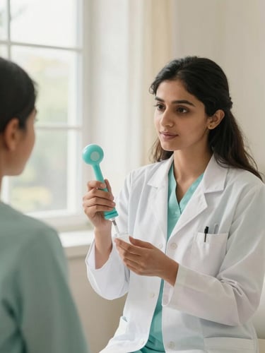 Medium environmental shot of Dr. Reema Salve demonstrating a hygiene tool to a patient in a bright, modern clinic room, soft natural daylight filtering through a window, shallow depth of field.