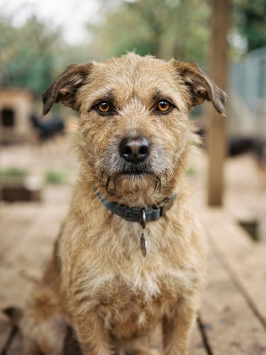 Intimate eye-level photo of a rescue dog looking directly into the camera, warm muted tones, natural overcast daylight, shallow depth of field