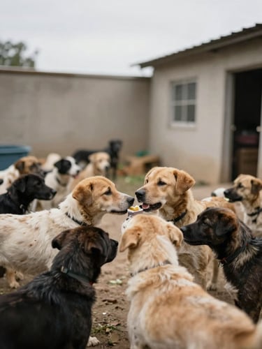 A volunteer feeding a group of rescue dogs in a simple outdoor shelter, natural overcast daylight, authentic documentary style, 35mm lens