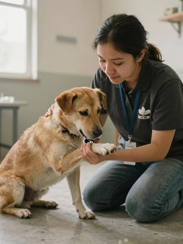 Documentary photo of a volunteer gently cleaning a dog's paw in a simple clinic room, natural overcast light, authentic emotional connection, warm muted tones, shallow depth of field