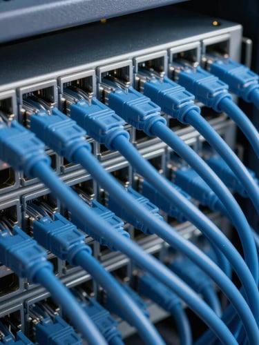 Macro shot of perfectly organized blue network cables plugged into a server rack, high-contrast architectural lighting, cool-toned tech environment, sharp focus