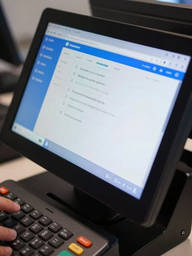 Macro close-up of a modern POS terminal screen displaying an active retail checkout interface, high-contrast cool-toned architectural lighting, sharp focus on clean user interface layout, electric blue accents glowing on the screen.