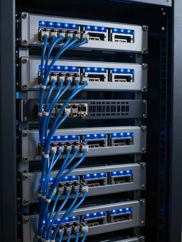 A close-up of a neatly organized server rack with glowing blue LED indicator lights, structured Ethernet cabling running perfectly along metal brackets, cool high-contrast technical lighting.