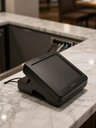 A high-angle shot of an elegant modern restaurant interior, focusing on a sleek black POS terminal on a marble counter in the foreground, with clean network cabling subtly visible running into a wall panel in the background.