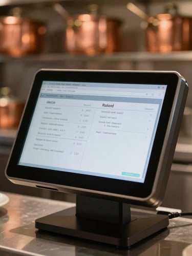 A sharp macro shot of a sleek modern POS terminal screen displaying a restaurant order in a warm kitchen, soft background bokeh of copper pans and ambient lighting.