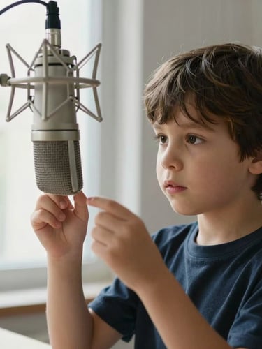 A young child adjusting a professional studio microphone under natural window light, focused expression of concentration, premium creative studio setting