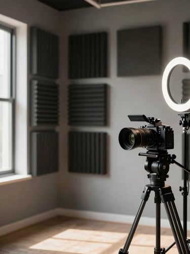 A high-end content creation studio with acoustic wall panels, a professional ring light, and a high-definition camera on a tripod, natural daylight streaming from a side window.