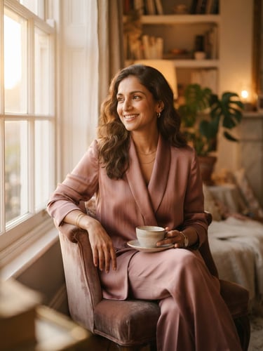 Elegant environmental portrait of a South Asian woman in a draped dusty rose silk suit, soft golden hour window light, shallow depth of field, warm editorial photography
