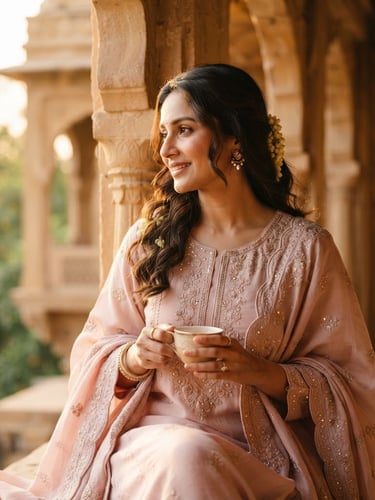 Warm editorial photography of an elegant woman in a draped pastel rose ethnic suit, catching soft golden-hour window light. Medium-close framing focuses on the delicate fabric drape and subtle embroidery details, with a soft-focus background of heritage stone arches.