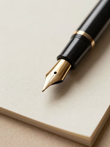 Macro close-up of a classic black fountain pen resting on heavy, textured cream paper stock, sharp focus on the gold nib, deep natural shadows.