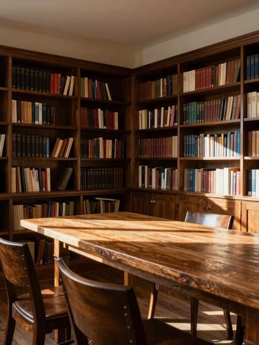 Wide panoramic shot of a quiet, sunlit private library with dark oak bookshelves and warm morning light streaming across a single wooden table.